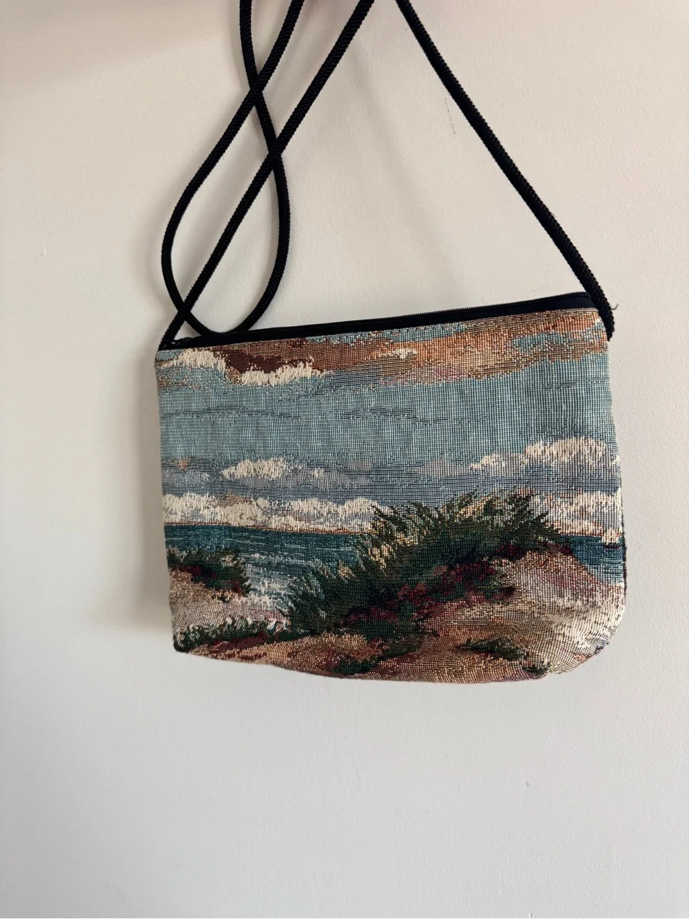 Vintage Tapestry Coastal Scene Crossbody Bag